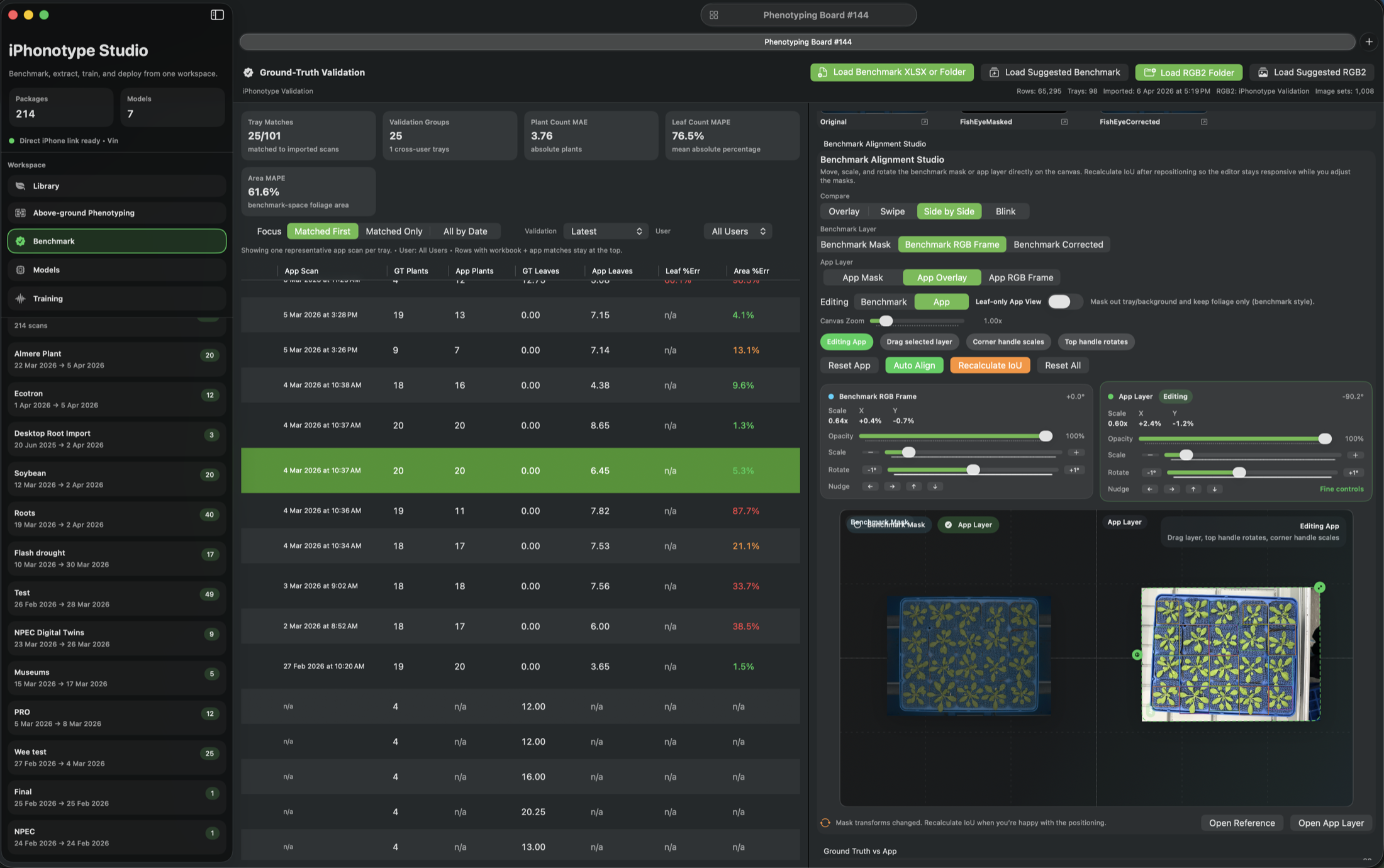 Mac Companion above-ground phenotyping screen with batch summary and segmented overlays.