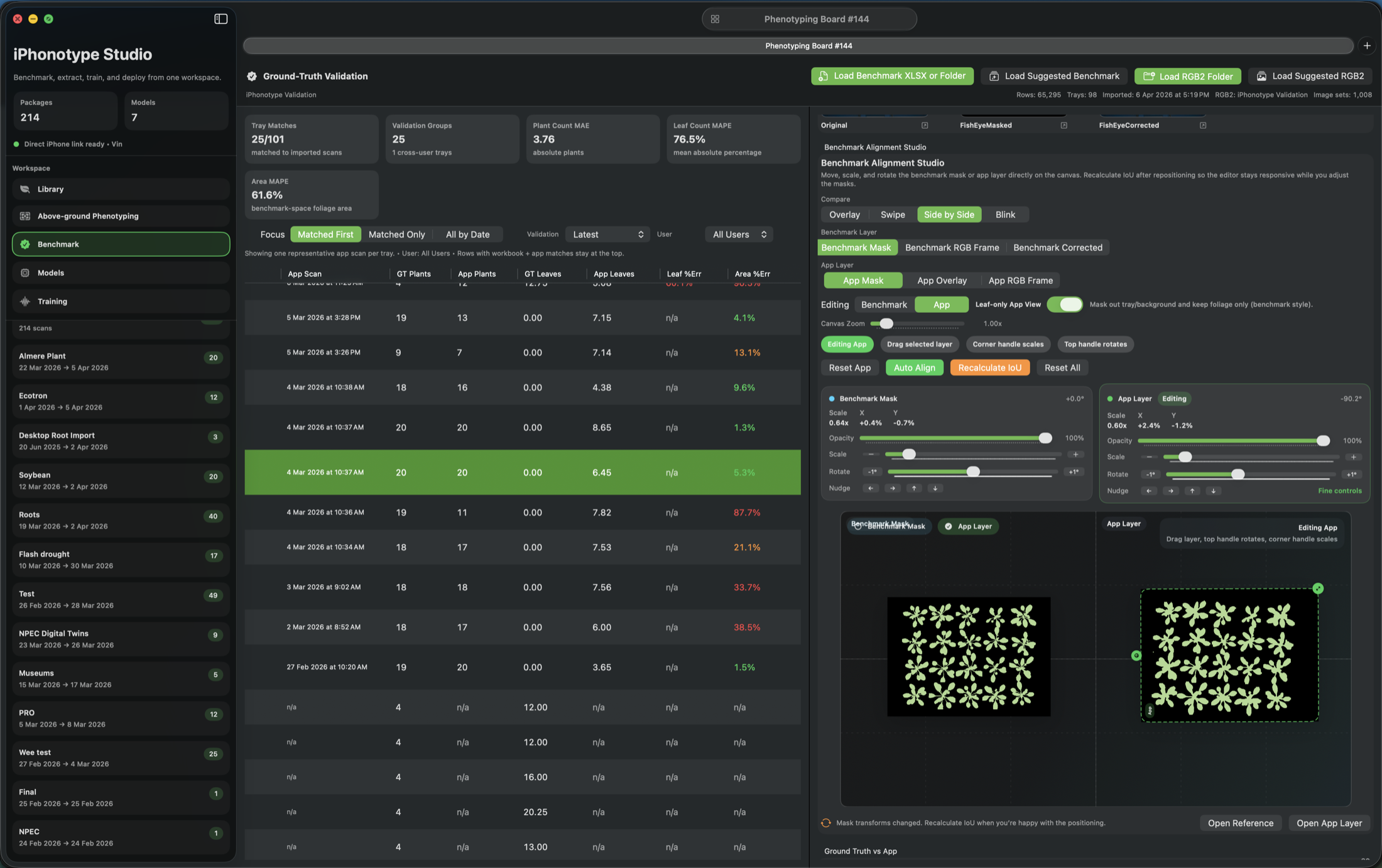 Mac Companion phenotyping screen for potato and soybean tray analysis.