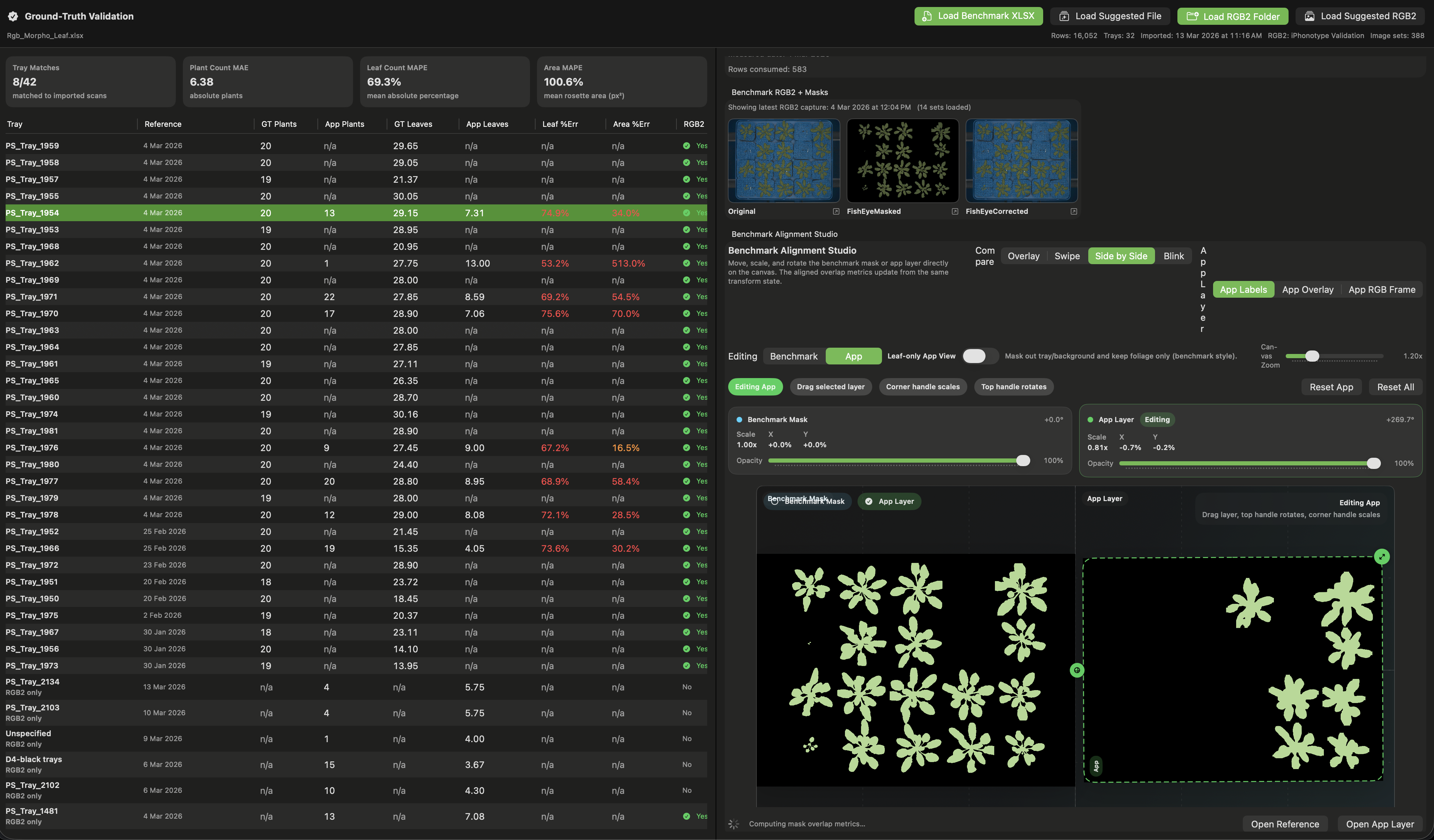 Mac Companion validation workspace comparing benchmark masks, overlays, and imported captures.